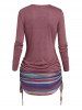 Colored Striped Print Lace Up Cinched Curved Hem Long Sleeve Longline T Shirt -  