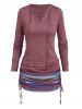 Colored Striped Print Lace Up Cinched Curved Hem Long Sleeve Longline T Shirt -  