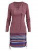 Colored Striped Print Lace Up Cinched Curved Hem Long Sleeve Longline T Shirt -  