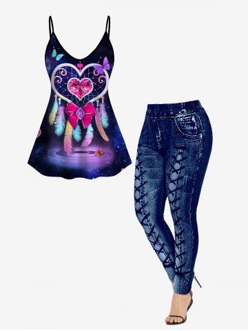 3D Heart Dreamcatcher Butterfly Printed Tank Top and High Waisted 3D Printed Leggings Plus Size Summer Outfit