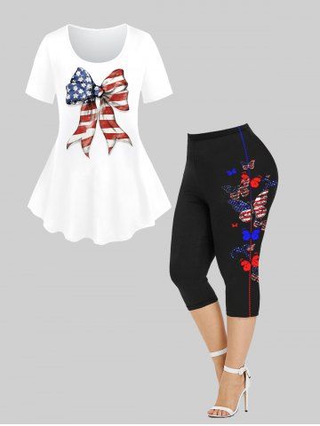 American Flag Bowknot Printed Tee and Butterfly American Flag Printed Leggings Plus Size Summer Outfit - WHITE