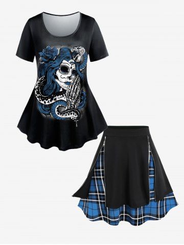 Gothic Witch Rose Print T-shirt And Plus Size Plaid Zipper Mini A Line Skirt Gothic Outfit - BLUE
