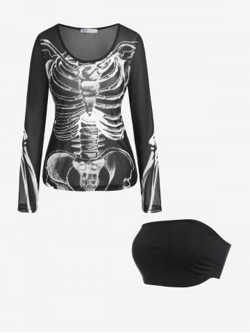 Gothic Skeleton Print Semi-sheer Mesh Long Sleeve Top And Gothic Basic Cropped Tube Top Gothic Outfit - BLACK