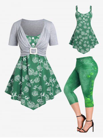 Asymmetric Floral Tank Top Set and Clovers Printed Jeggings Plus Size Summer Outfit - DEEP GREEN