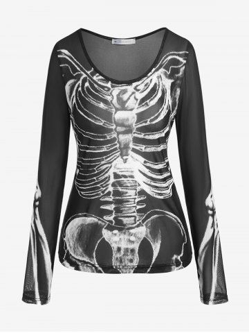 Haut Gothique à Imprimé Squelette Semi-Transparent en Tulle à Manches Longues - BLACK - 2X | US 18-20