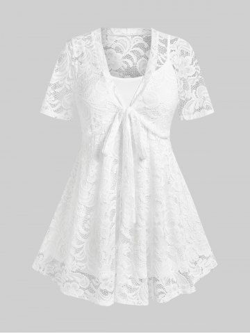 Plus Size&Curve Floral Lace Sheer Bowtie Skirted T-shirt - WHITE - 4X
