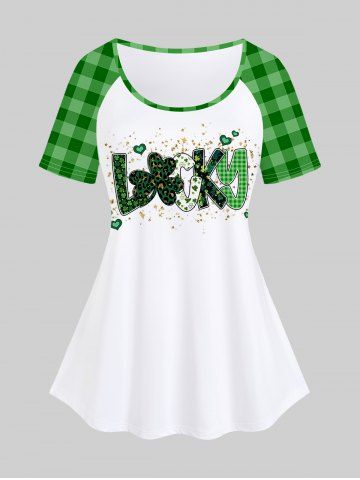 Plus Size St Patrick's Day Clovers Plaid Letters Raglan Sleeves Graphic Tee - GREEN - 1X | US 14-16