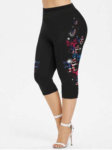 Gothic American Flag Butterfly Print Capri Leggings