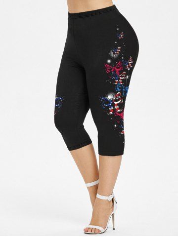 Gothic American Flag Butterfly Print Capri Leggings - BLACK - 3X | US 22-24