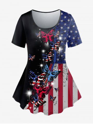 Gothic Butterfly Patriotic American Flag Print T-shirt - BLACK - 1X | US 14-16