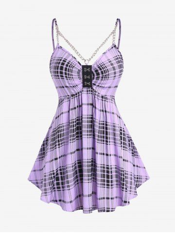 Plus Size Ruched Chains Backless Plaid Tank Top - PURPLE - M | US 10