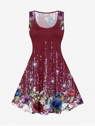 Plus Size 3D Sparkles Flower Printed A Line Tank Dress - DEEP RED - S | US 8