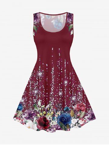 Plus Size 3D Sparkles Flower Printed A Line Tank Dress - DEEP RED - 1X | US 14-16