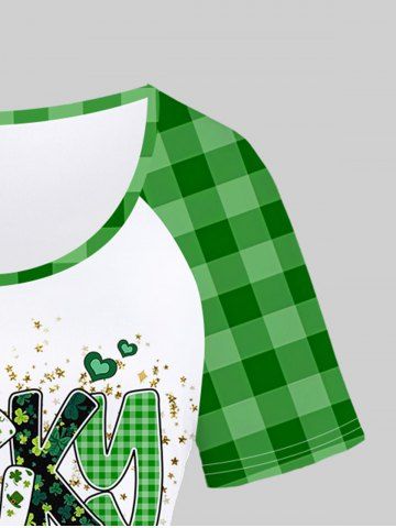 Plus Size St Patrick's Day Clovers Plaid Letters Raglan Sleeves Graphic Tee
