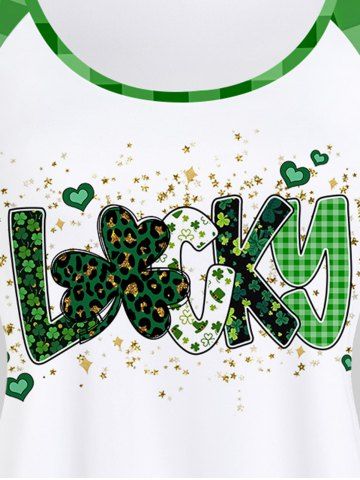 Plus Size St Patrick's Day Clovers Plaid Letters Raglan Sleeves Graphic Tee
