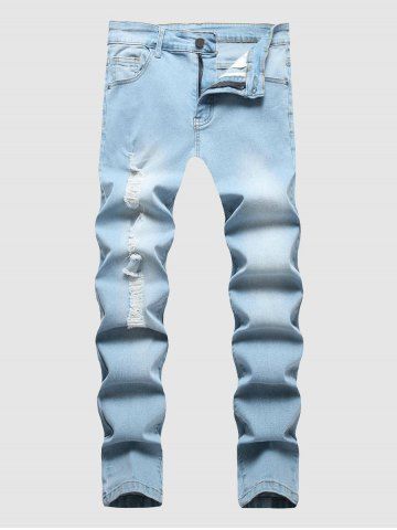 Ripped Faded Color Jeans - LIGHT BLUE - 38