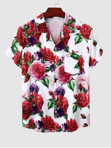 Lapel Collar Blooming Rose Floral Print Short Sleeves Shirt - WHITE - XXL