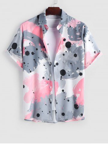 Short Sleeves Pocket Design Colorblock Splash Splatter Vacation Shirt - BEAN RED - XL