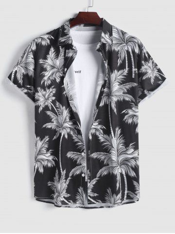 Men's Tropical Coconut Tree Print Hawaiian Summer Casual Beach Vacation Button Short Sleeve Shirt - BLACK - S