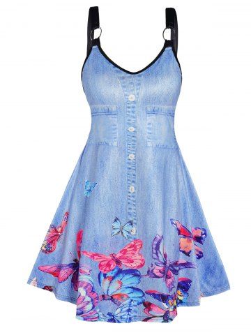 Butterfly Faux Denim 3D Print O-ring Strap Tank Dress - LIGHT BLUE - S