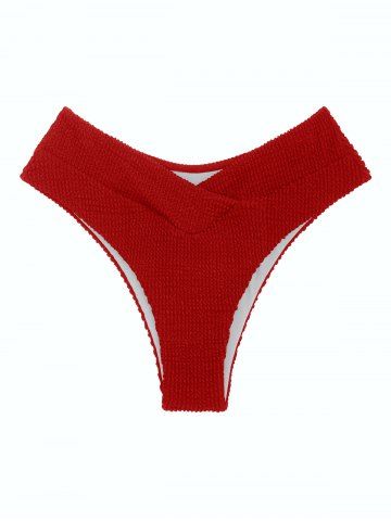 Crossover Crinkle Textured High Waisted Bikini Bottom - RED - M