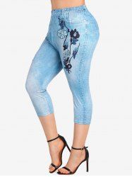 Legging Capri à Imprimé 3D Fleur Motif de Jean de Grande Taille - Bleu clair L