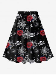 Gothic Rose Skull Spider Web Moon Print A Line Skirt -  