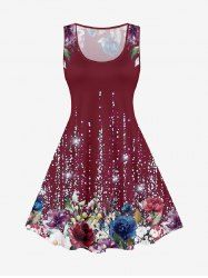 Plus Size 3D Sparkles Flower Printed A Line Tank Dress -  
