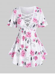 Plus Size Crisscross Short Sleeves Plunging Floral Tee -  
