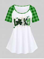 Plus Size St Patrick's Day Clovers Plaid Letters Raglan Sleeves Graphic Tee -  