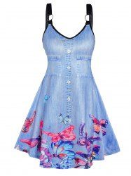 Robe à Bretelle à Imprimé 3D Papillon Anneau en O en Faux Denim - Bleu clair L