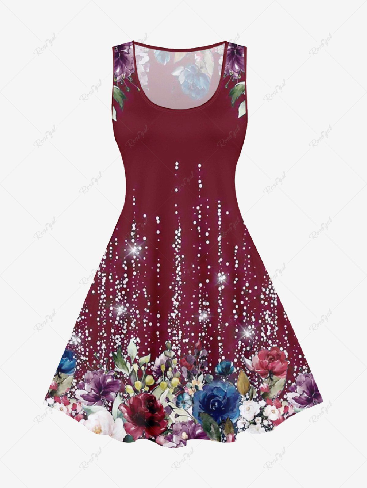 Discount Plus Size 3D Sparkles Flower Printed A Line Tank Dress  
