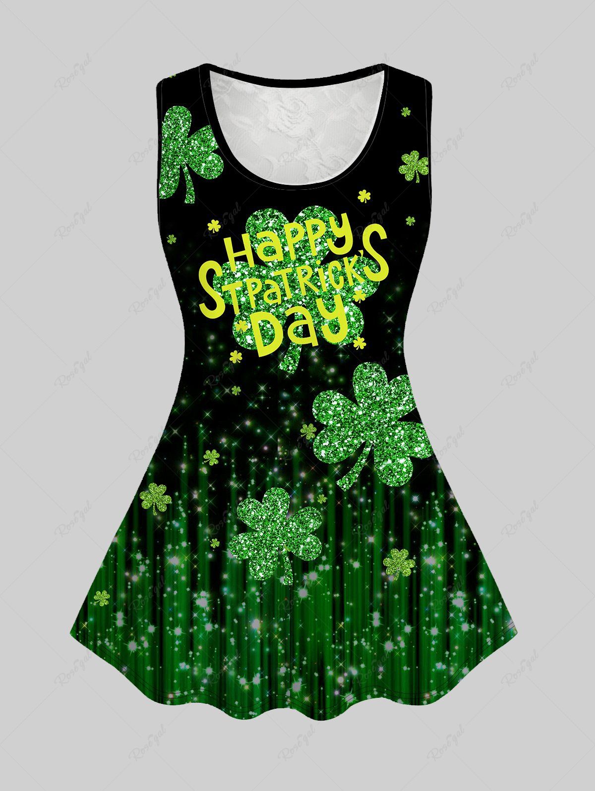Discount Plus Size St Patrick's Day Clovers Printed Lace Panel Graphic Top  