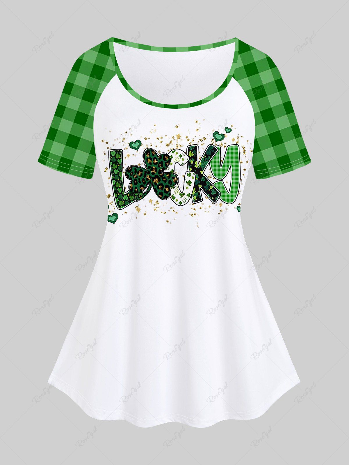 Chic Plus Size St Patrick's Day Clovers Plaid Letters Raglan Sleeves Graphic Tee  