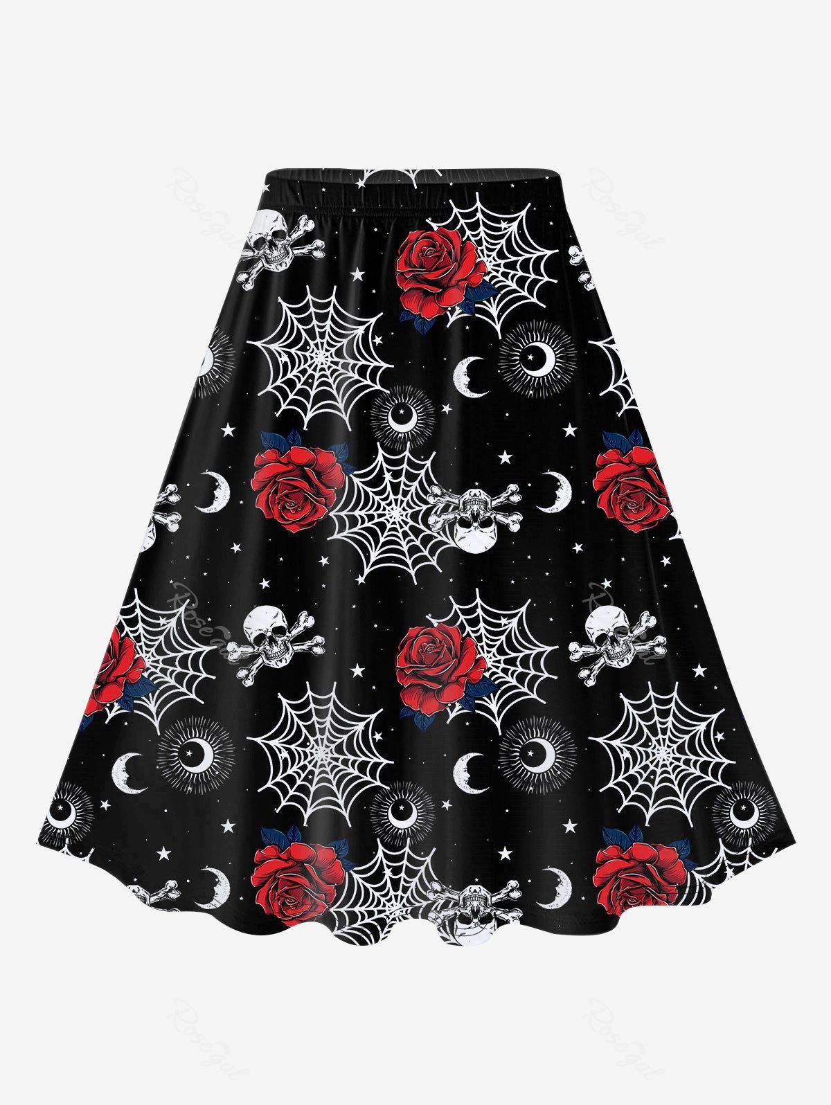 New Gothic Rose Skull Spider Web Moon Print A Line Skirt  