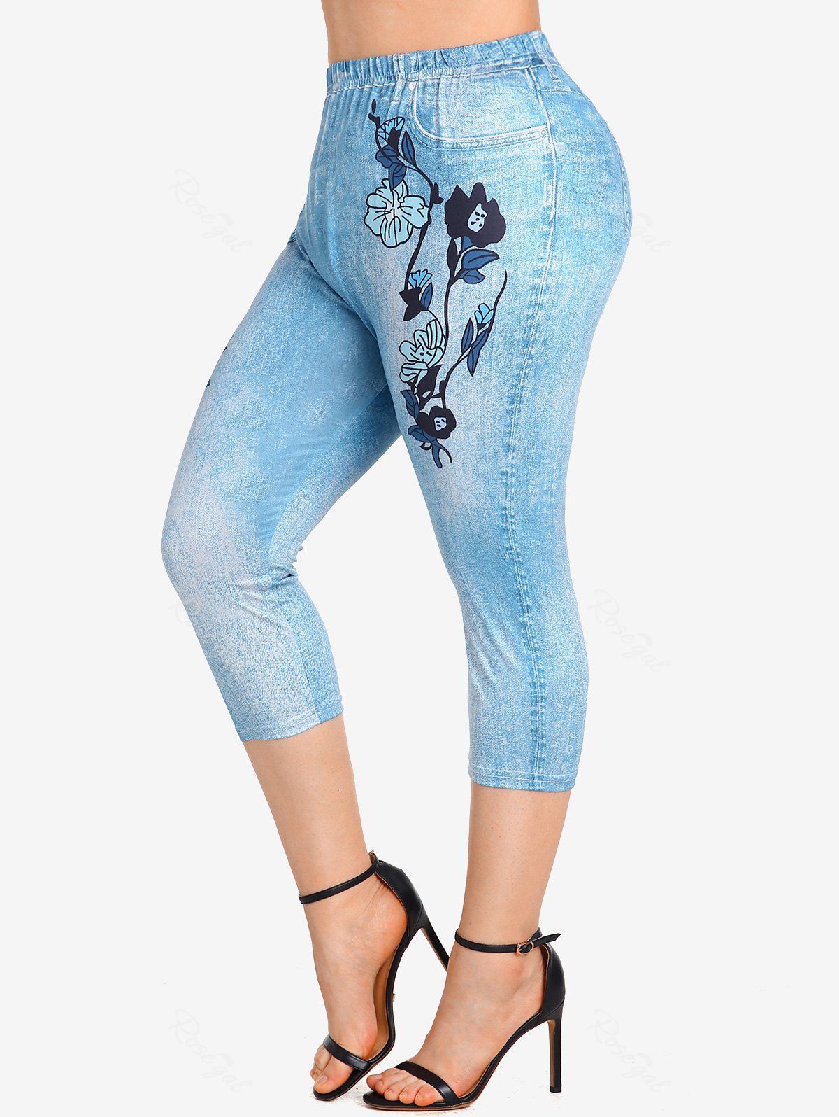 Legging Capri à Imprimé 3D Fleur Motif de Jean de Grande Taille Bleu clair L