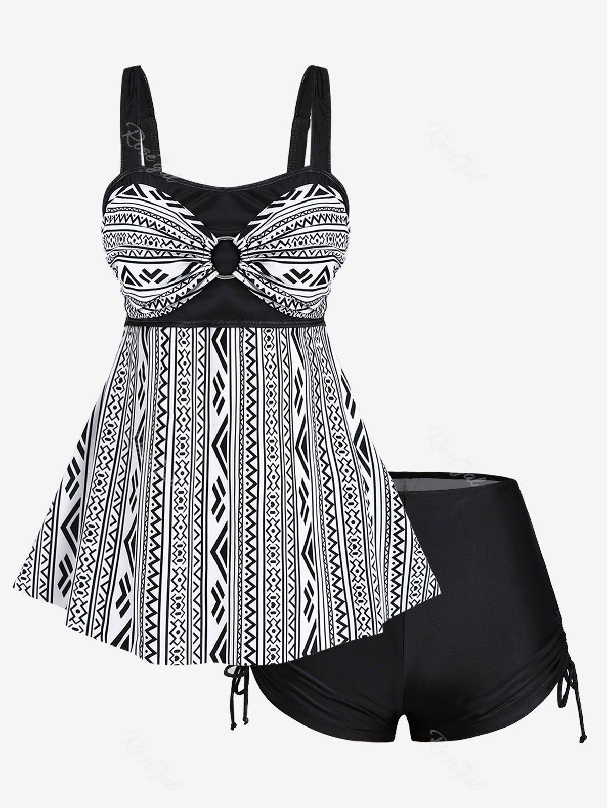 Outfit Plus Size Geo Print Ring Cinched Boyshorts Tankini Swimsuit  