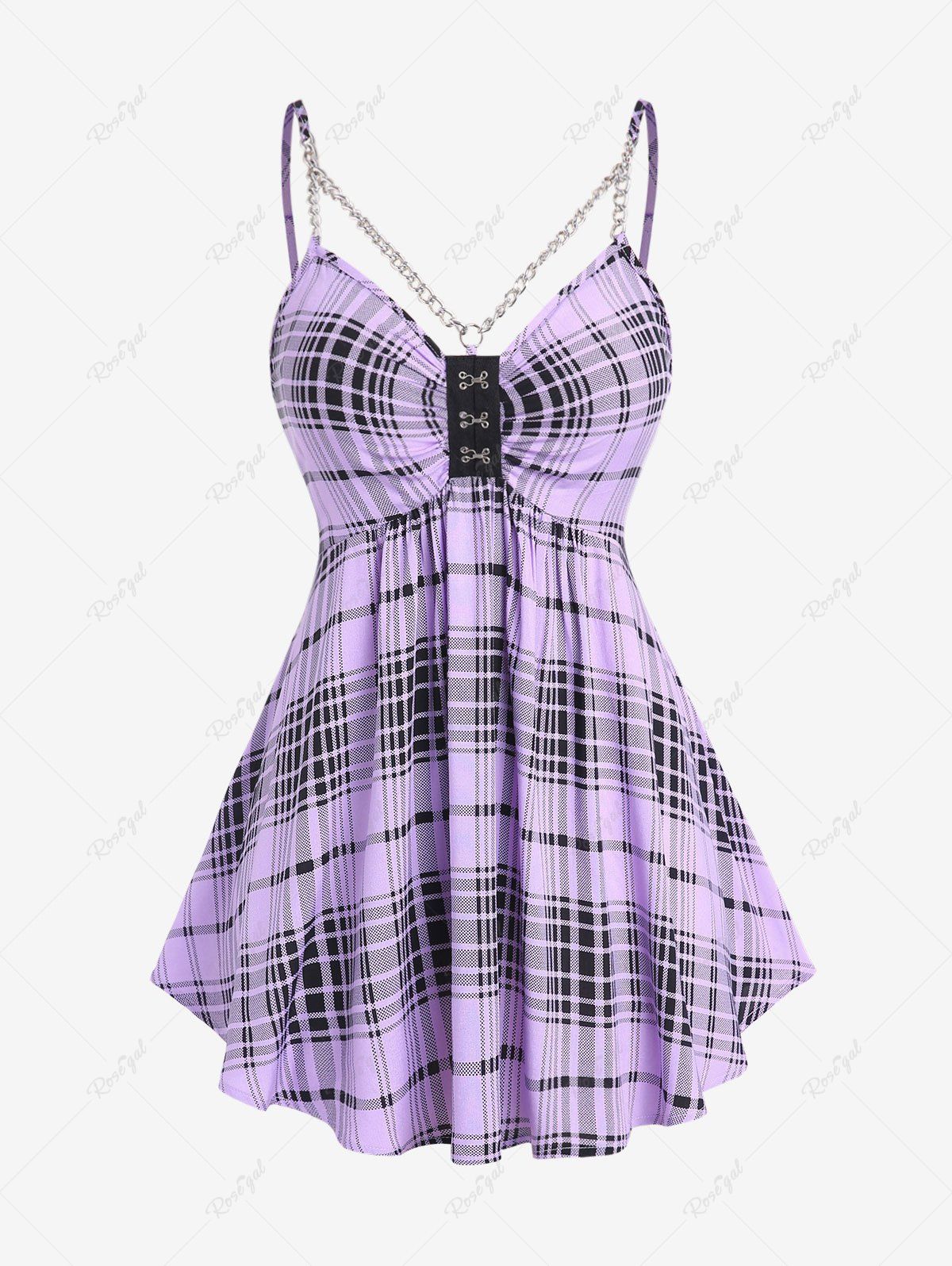 Sale Plus Size Ruched Chains Backless Plaid Tank Top  