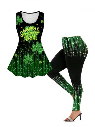 St Patrick's Day Clovers Printed Lace Panel Graphic Top and Glitter Light Beam Print Leggings Plus Size Outfits - DEEP GREEN