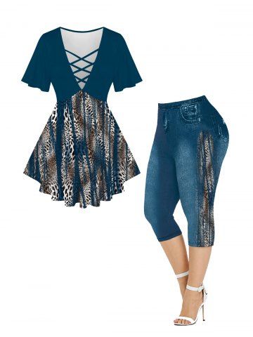 Leopard Printed Crisscross Tee and Capri Jeggings Plus Size Outfits - DEEP BLUE