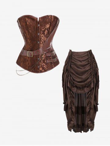 Gothic PU Leather Panel Buckled Chain Embellish Corset and Layered Ruffles Cinched Ruched High Low Skirt Outfit - DEEP COFFEE