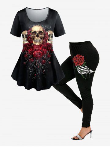 Gothic Skull Floral Print T-shirt and Rose Skeleton Print Skinny Leggings Outfit - BLACK