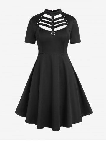 Gothic D-ring PU Leather Panel Ladder Cutout Dress And Gothic Lace-up Boning Underbust Brocade Corset Gothic Outfit