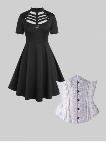 Gothic D-ring PU Leather Panel Ladder Cutout Dress And Gothic Lace-up Boning Underbust Brocade Corset Gothic Outfit - BLACK