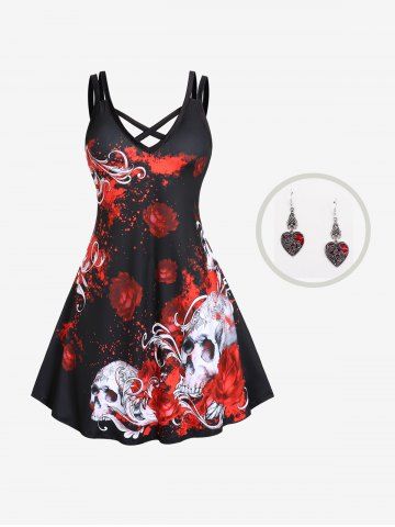 Plus Size & Curve Gothic Crisscross Rose Skulls A Line Dress And Gothic Bat Drip Oil Heart Drop Earrings Gothic Outfit