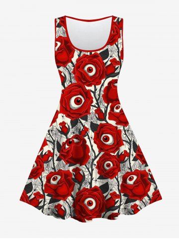 Gothic Rose Eye Print Sleeveless A Line Dress - RED - 1X | US 14-16