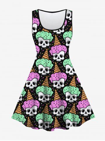 Gothic Skull Ice Cream Print Sleeveless A Line Dress - BLACK - S | US 8