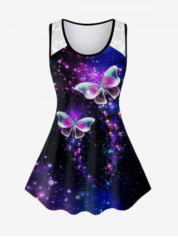 Plus Size Galaxy Butterfly Printed Lace Panel Tunic Top - PURPLE - 1X | US 14-16