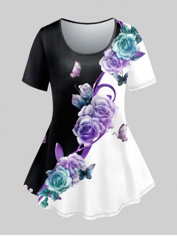 T-shirt Fleuri Papillon et Demi-Transparent de Grande Taille