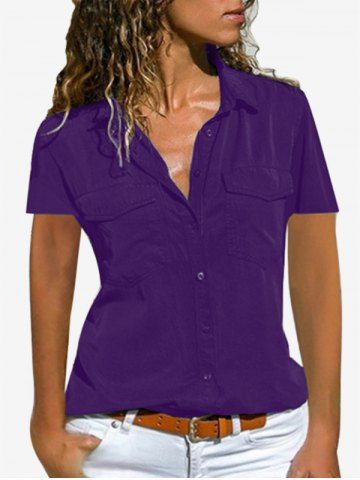 Plus Size Front Flap Pockets Basic Shirt - PURPLE - 2XL
